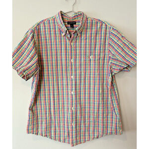 Lands End Men's XL Multi-Colored Plaid Checked Seersucker Button Up Shirt 2725